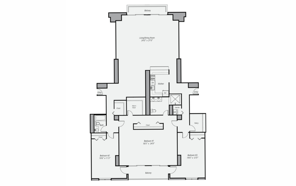 C6P - 3 bedroom floor plan layout with 2 bathrooms and 2158 square feet